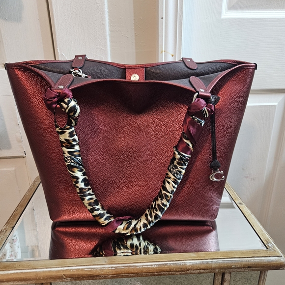 Coach Burgundy Tote with Leopard Print Handles - Picture 1 of 3